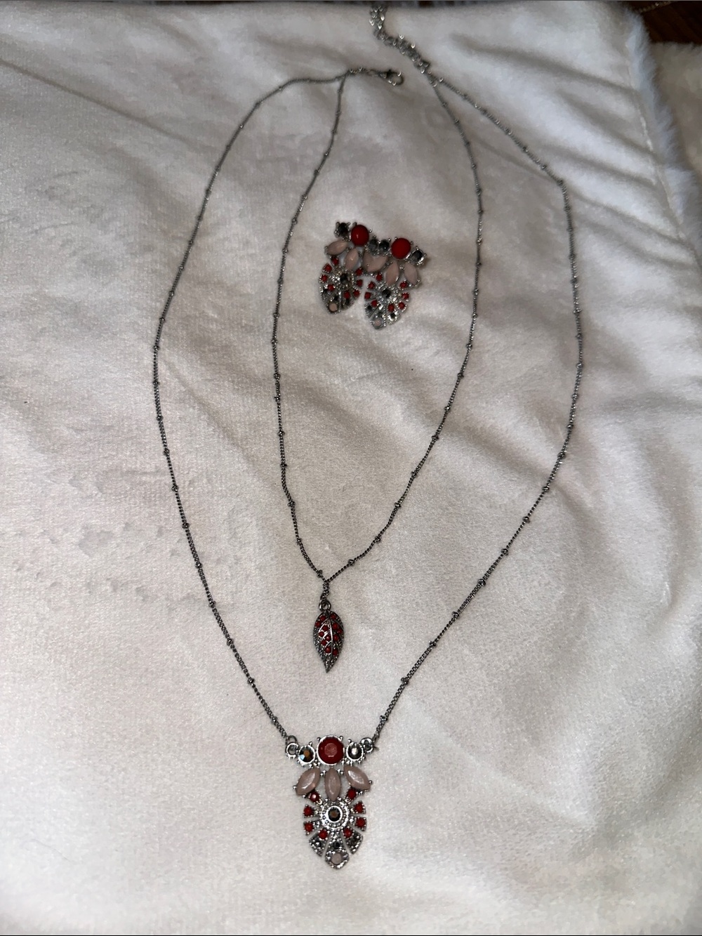 Layered Silver Necklace Set with Red Stone Accents